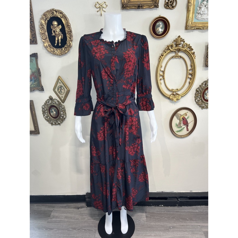 Marissa Webb Black & Red Floral Button-Front Midi Dress Size 10